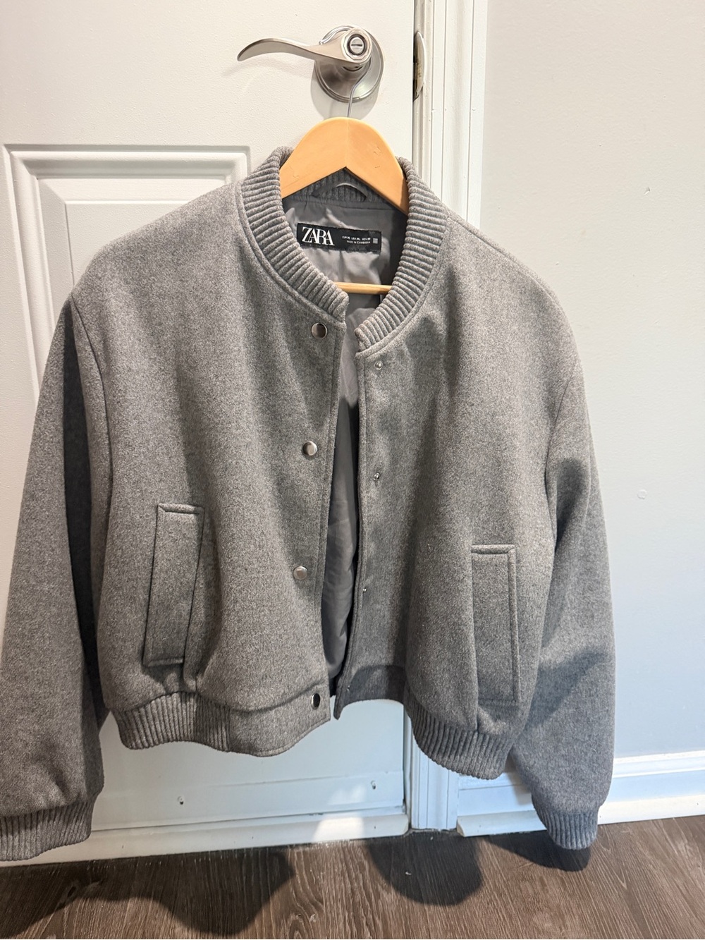 Zara Gray Ribbed-Collar Bomber Jacket